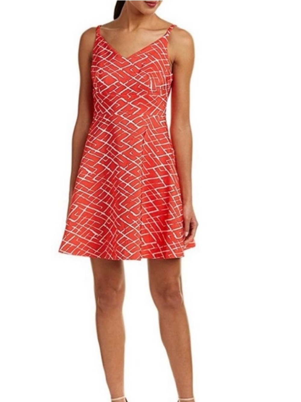 CeCe Red V-Neck Fit & Flare Dress with White Geometric Print